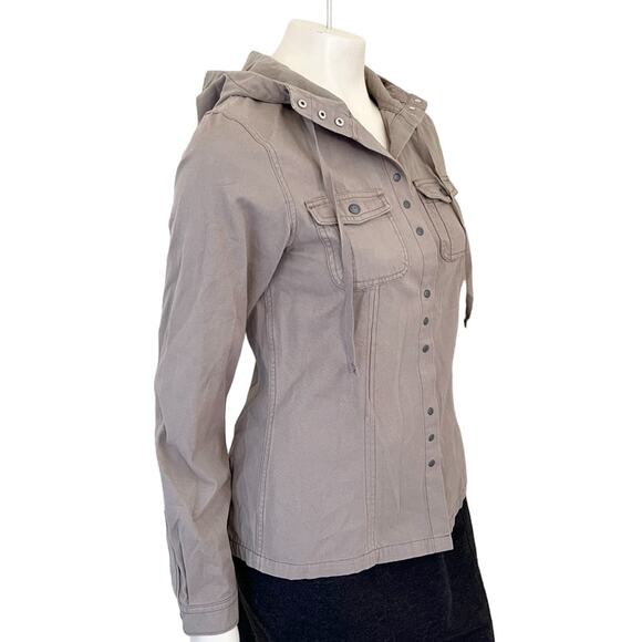 IBEX 100% Organic Cotton Snap Front Hooded Jacket in Light Taupe SZ S - Picture 4 of 10